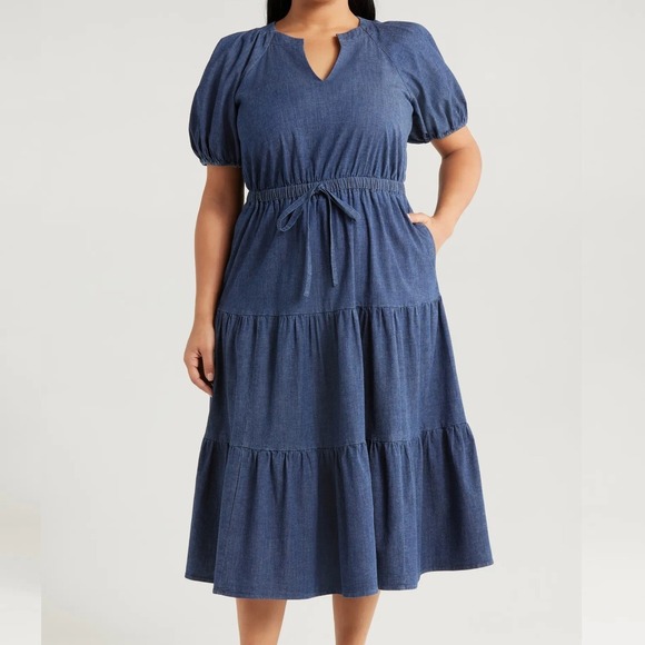 Anne Klein Dresses & Skirts - Anne Klein Jeans Puff Sleeve Tiered Denim Midi Dress Dark Wash Womens Size XL